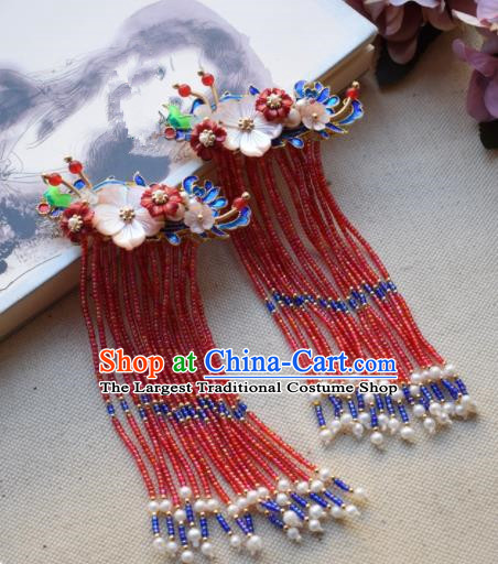 Chinese Ancient Princess Cloisonne Red Tassel Hairpins Traditional Handmade Hanfu Hair Accessories for Women