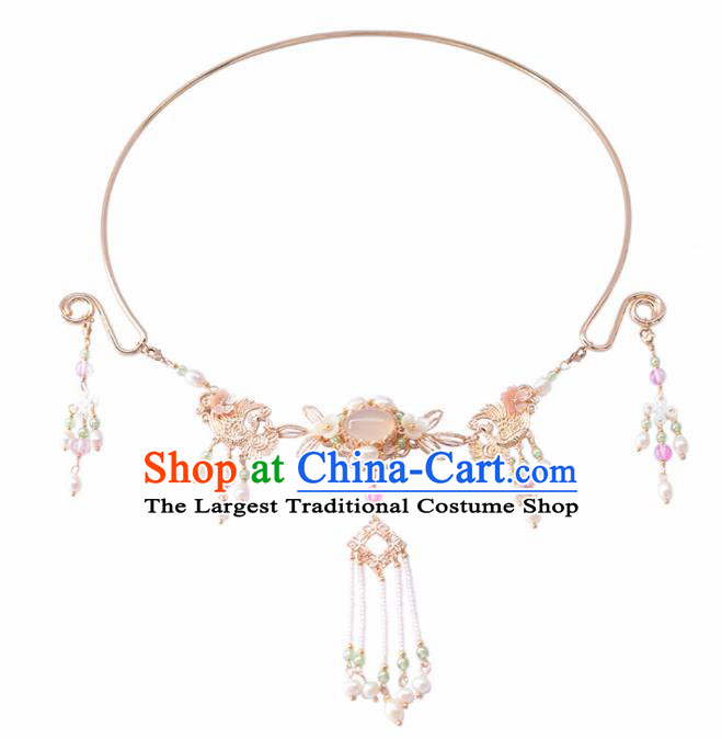 Handmade Chinese Hanfu Rose Chalcedony Tassel Necklace Traditional Ancient Princess Necklet Accessories for Women