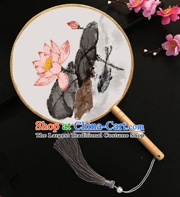 Chinese Handmade Classical Palace Fans Ink Painting Lotus Silk Round Fan for Women