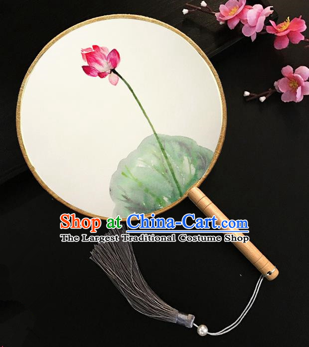 Chinese Handmade Classical Palace Fans Ink Painting Red Lotus Silk Round Fan for Women