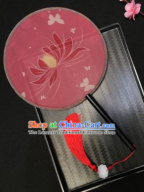 Chinese Handmade Classical Palace Fans Traditional Embroidered Lotus Pink Silk Round Fan for Women