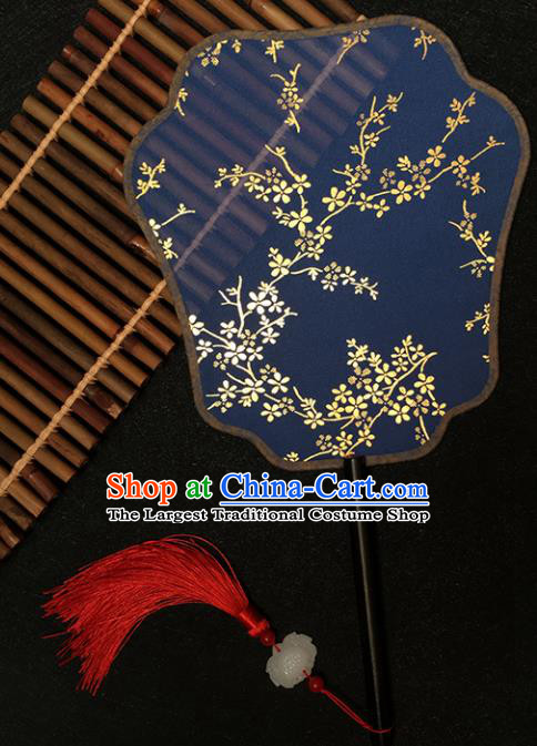 Chinese Handmade Classical Palace Fans Traditional Gilding Plum Blossom Blue Silk Fan for Women