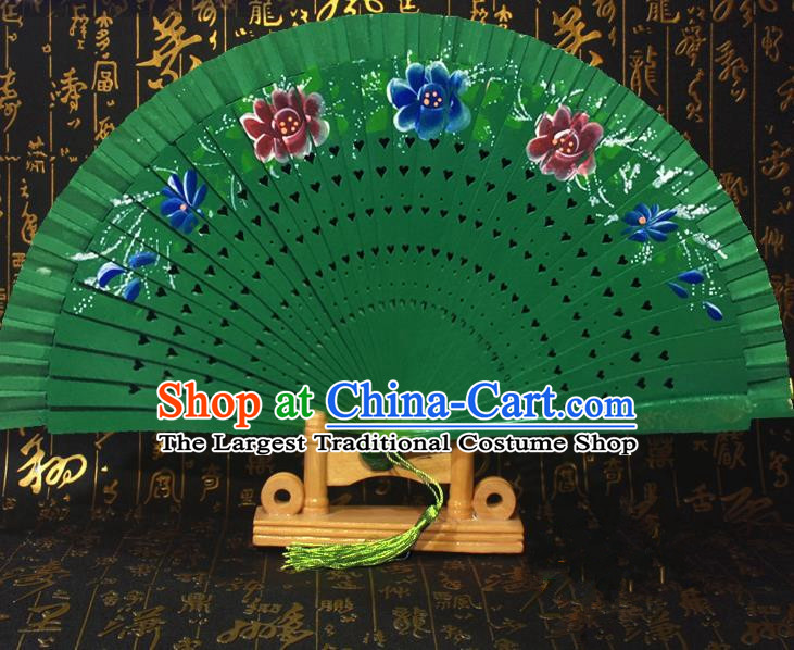 Chinese Handmade Classical Folding Fans Printing Flowers Green Wood Accordion Fan for Women