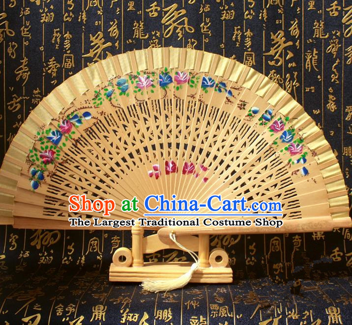 Chinese Handmade Classical Folding Fans Printing Flowers Wood Golden Silk Accordion Fan for Women