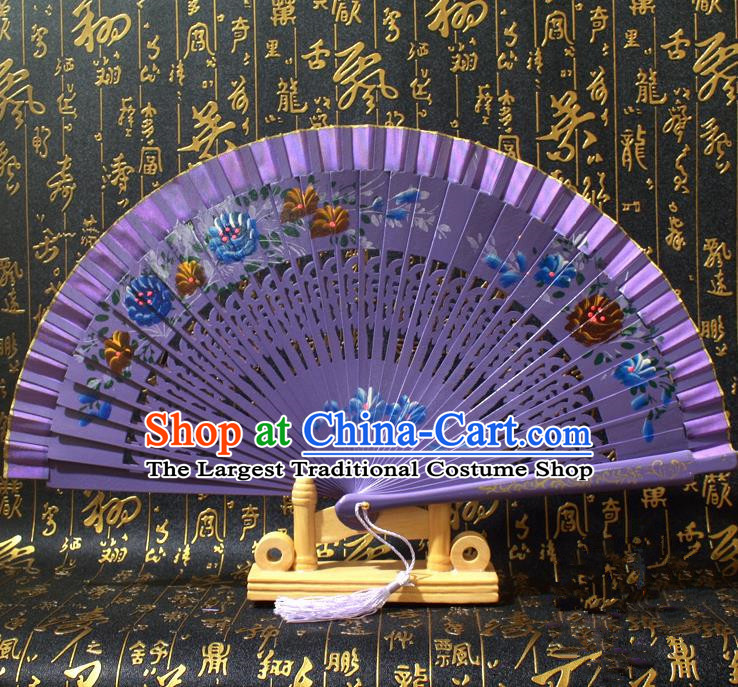 Chinese Handmade Classical Folding Fans Printing Flowers Wood Purple Silk Accordion Fan for Women