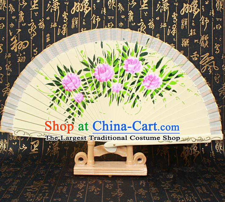 Chinese Handmade Classical Folding Fans Printing Flowers Wood Beige Silk Accordion Fan for Women