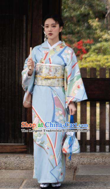 Japanese Handmade Kimono Japan Traditional Yukata Blue Dress for Women