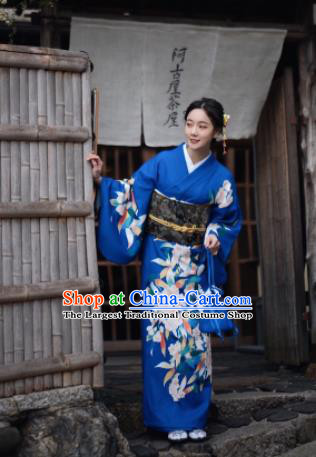 Japanese Handmade Kimono Japan Traditional Yukata Deep Blue Dress for Women
