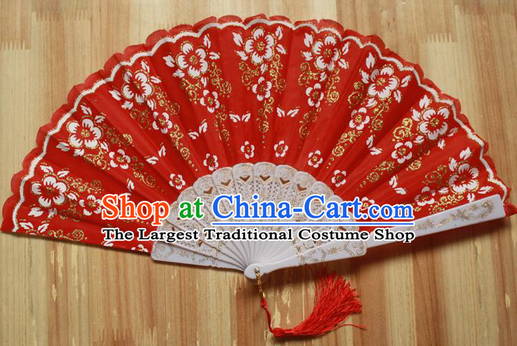 Chinese Handmade Folk Dance Red Folding Fans Classical Accordion Fan for Women