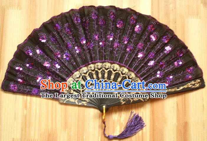 Chinese Handmade Classical Folding Fans Purple Paillette Silk Accordion Fan for Women