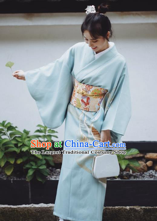 Japanese Handmade Printing Blue Kimono Costume Japan Traditional Yukata Dress for Women