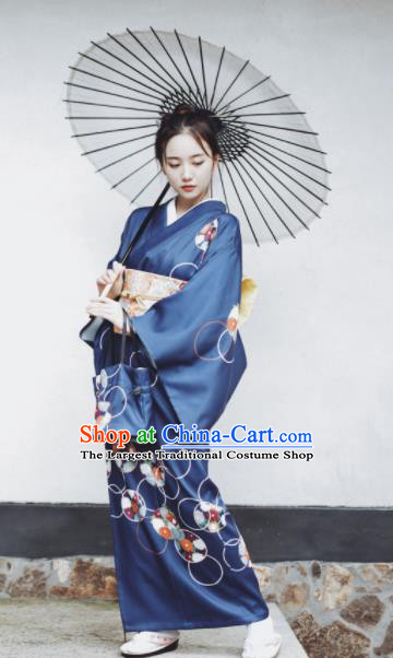 Japanese Handmade Printing Navy Kimono Costume Japan Traditional Yukata Dress for Women