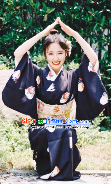 Japanese Handmade Black Kimono Costume Japan Traditional Printing Yukata Dress for Women