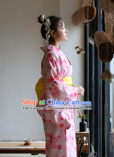 Japanese Handmade Printing Sakura Pink Kimono Costume Japan Traditional Yukata Dress for Women