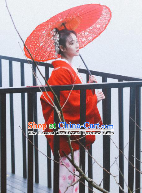 Japanese Handmade Kimono Red Haori Costume Japan Traditional Jacket for Women