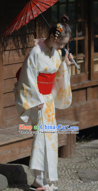Japanese Handmade Printing White Kimono Costume Japan Traditional Yukata Dress for Women