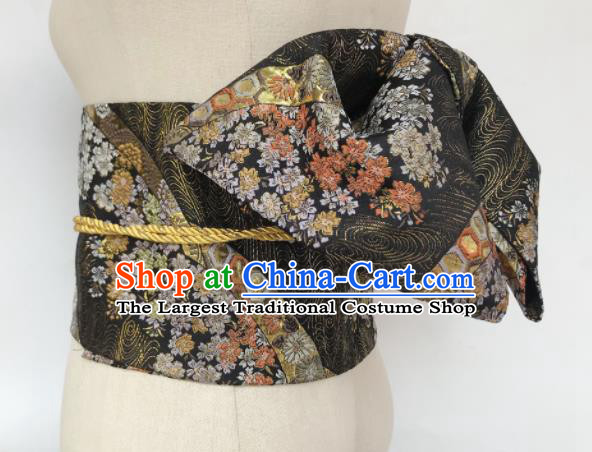 Japanese Handmade Kimono Waist Accessories Black Brocade Waistband Japan Traditional Yukata Belts for Women