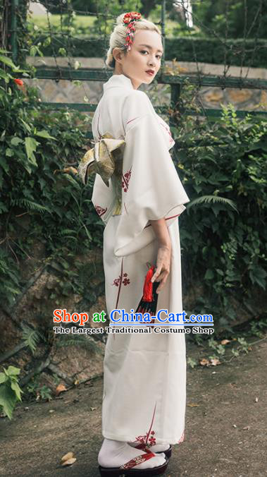 Japanese Handmade Printing White Kimono Japan Traditional Yukata Dress Costume for Women