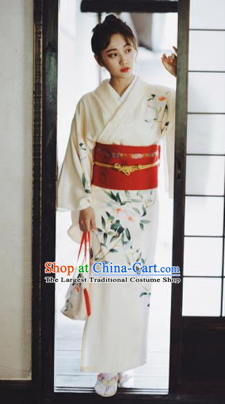 Japanese Handmade Printing Beige Kimono Costume Japan Traditional Yukata Dress for Women