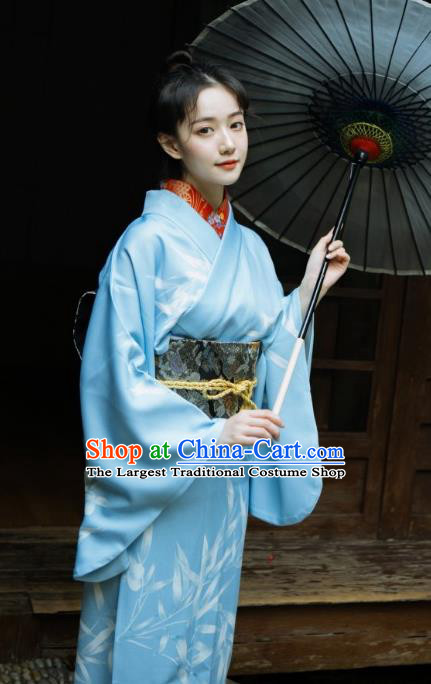 Japanese Handmade Printing Bamboo Blue Kimono Costume Japan Traditional Yukata Dress for Women