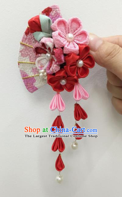 Japan Traditional Yukata Red Sakura Tassel Hair Claw Japanese Handmade Kimono Hair Accessories for Women