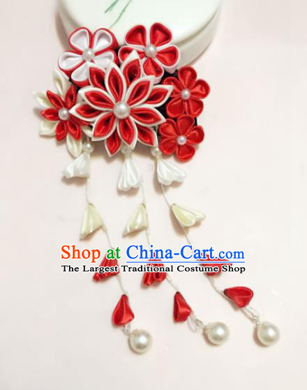 Japanese Traditional Geisha Red Sakura Tassel Hairpins Japan Handmade Kimono Hair Accessories for Women