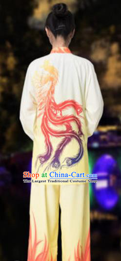 Chinese Traditional Tai Chi Printing Phoenix Yellow Costume Martial Arts Training Uniform Kung Fu Wushu Clothing for Women
