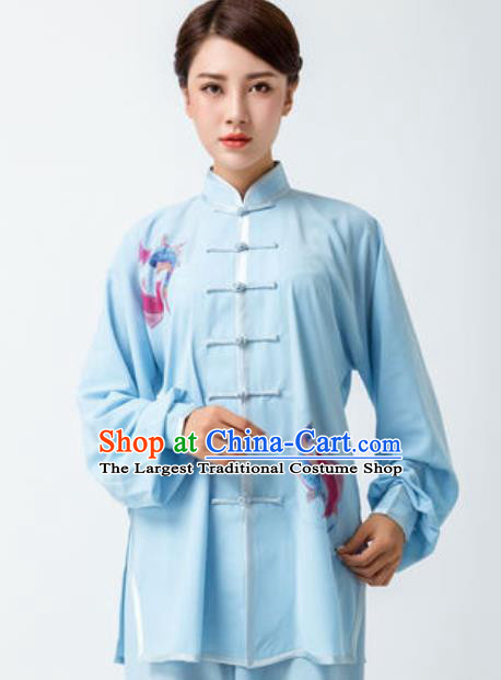 Chinese Traditional Tai Chi Printing Blue Costume Martial Arts Uniform Kung Fu Wushu Clothing for Women