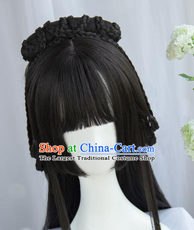 Handmade Chinese Traditional Hanfu Blunt Bangs Wigs Sheath Ancient Princess Chignon for Women