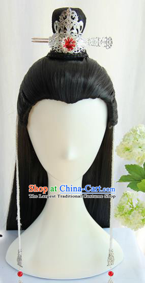 Chinese Traditional Tang Dynasty Prince Hanfu Wigs Sheath Ancient Swordsman Hairpiece Handmade Chignon for Men