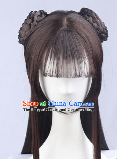 Handmade Chinese Traditional Hanfu Blunt Bangs Brown Wigs Sheath Ancient Nobility Lady Chignon for Women
