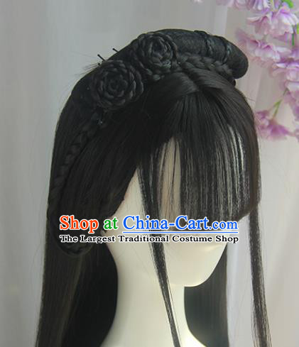 Handmade Chinese Ancient Tang Dynasty Princess Blunt Bangs Chignon Traditional Hanfu Wigs Sheath for Women