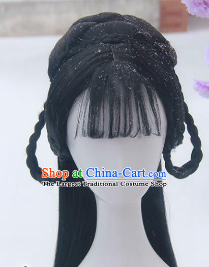 Handmade Chinese Ancient Peri Headpiece Chignon Traditional Hanfu Blunt Bangs Wigs Sheath for Women