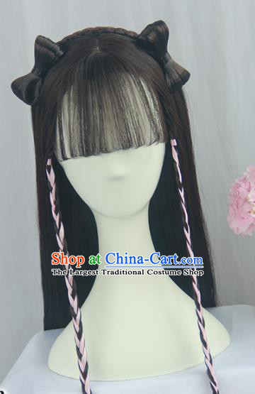 Handmade Chinese Ancient Young Lady Headpiece Blunt Bangs Chignon Traditional Hanfu Wigs Sheath for Women