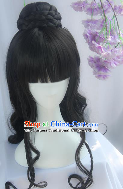 Handmade Chinese Ancient Headpiece Chignon Traditional Princess Hanfu Curly Wigs Sheath for Women