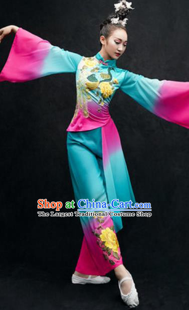 Chinese Classical Dance Costume Traditional Umbrella Dance Blue Clothing for Women