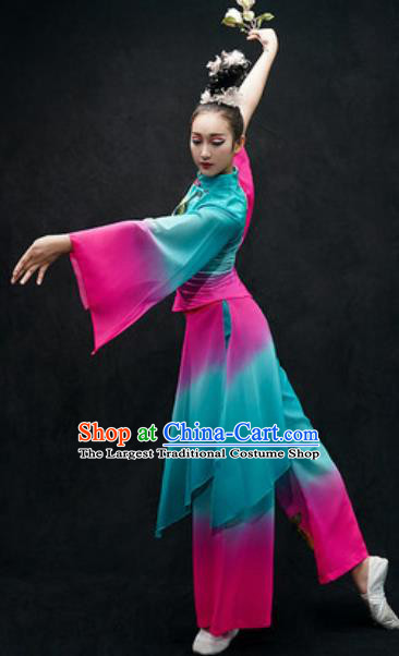 Chinese Classical Dance Costume Traditional Umbrella Dance Blue Clothing for Women