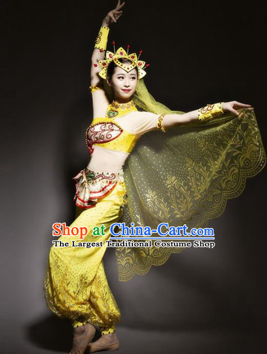 Chinese Uyghur Nationality Ethnic Dance Costume Traditional Indian Dance Yellow Clothing for Women