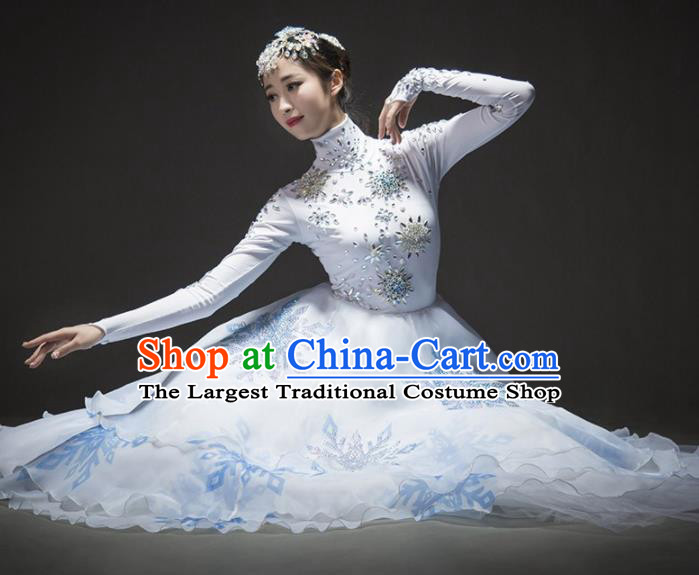 Chinese Modern Dance Stage Costume Traditional Opening Dance White Dress for Women