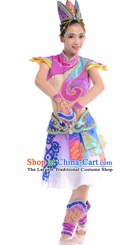 Chinese Traditional Mongol Nationality Ethnic Dance Purple Costume Minority Folk Dance Dress for Women
