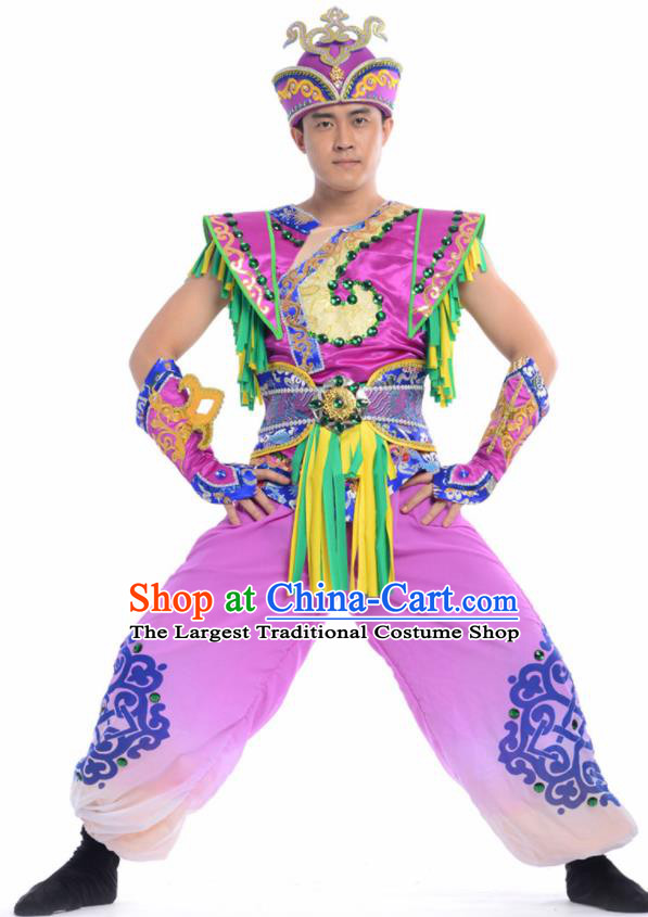 Chinese Mongol Nationality Ethnic Purple Costume Traditional Minority Folk Dance Stage Performance Clothing for Men