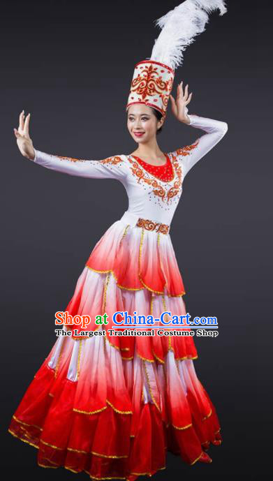 Chinese Modern Dance Stage Costume Traditional Opening Dance Red Dress for Women