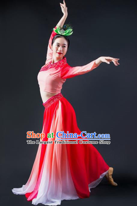 Chinese Classical Dance Lotus Dance Red Dress Traditional Umbrella Dance Stage Performance Costume for Women