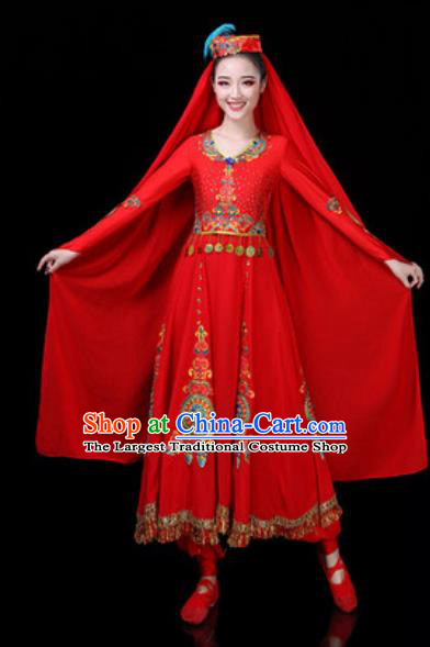 Traditional Chinese Minority Ethnic Dance Red Dress Uyghur Nationality Stage Performance Costume for Women