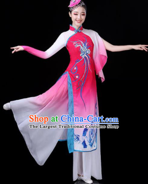 Traditional Chinese Classical Dance Rosy Dress Umbrella Dance Stage Performance Costume for Women
