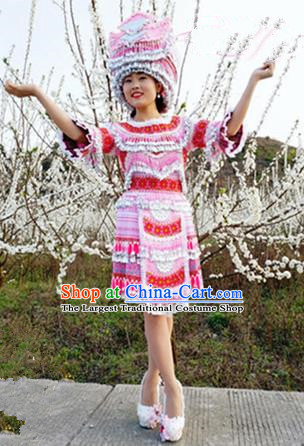 Traditional Chinese Minority Ethnic Folk Dance Short Dress Miao Nationality Stage Performance Costume and Hat for Women
