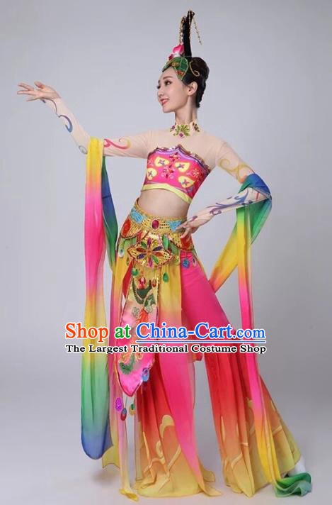 Chinese Traditional Classical Dance Rosy Dress Dunhuang Flying Apsaras Stage Performance Costume for Women