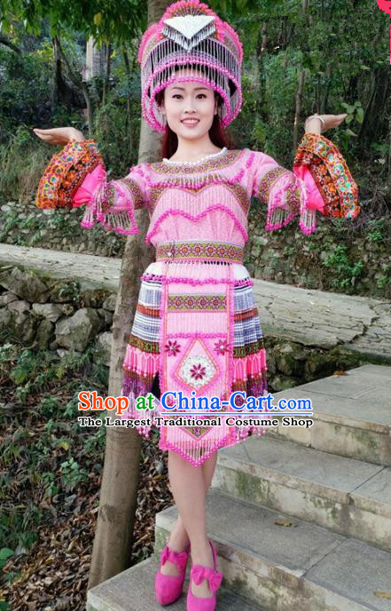 Chinese Traditional Miao Nationality Ethnic Embroidered Costume Minority Folk Dance Rosy Short Dress for Women