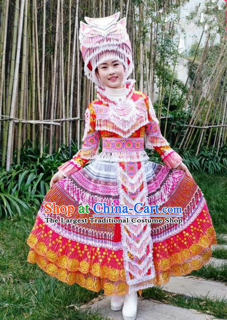 Chinese Traditional Miao Nationality Red Dress Minority Ethnic Folk Dance Embroidered Costume for Women