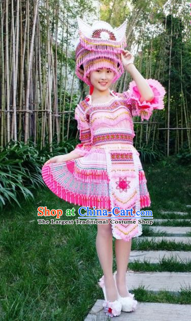 Chinese Traditional Miao Nationality Pink Short Dress Minority Ethnic Folk Dance Embroidered Costume for Women